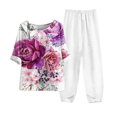 Imagem de Roupas de verão para mulheres 2024 na moda 2 peças roupas de férias de linho botões com estampa floral e conjunto de perna larga, C, M