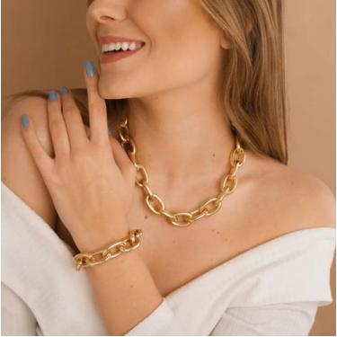 Imagem de Kit Conjunto Colar e Pulseira Corrente Elo Grosso Folheado Ouro 18k Do