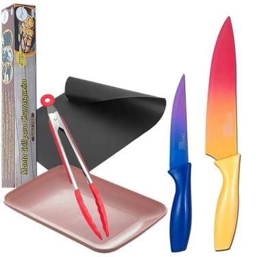 Imagem de Kit Churrasco 5 Produtos: Conjunto 2 Facas Color + Pegador Pinça + Tra