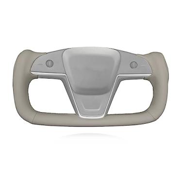 Imagem de MEWANT Capa de volante de carro de couro genuíno costurada à mão para Tesla Yoke Model S Plaid 2021-2023 / Model X 2021-2023 Acessórios de volante para Tesla Yoke