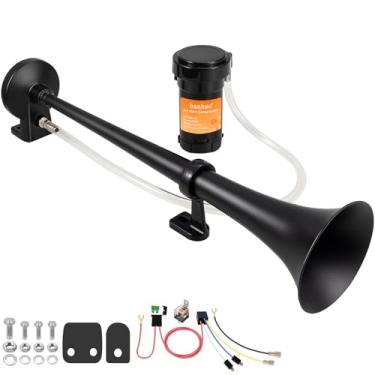 Imagem de Buzina de trem para caminhão 150db 12V, buzina de ar de caminhão trompete único preto super alto com compressor, adequada para qualquer veículo de 12 V, trem, carro, navio, barco, caminhão (buzina