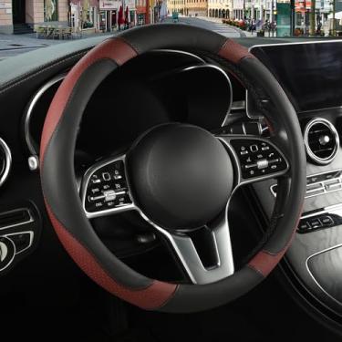 Imagem de Binsheo Capa de volante de couro de microfibra tamanho grande para Ford F150 F250 F350 RAM 4Runner Tacoma Tundra Sequoia Model S Model X, respirável, antiderrapante, 39,4 cm a 40,6 cm, preta com vinho