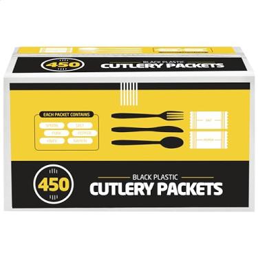 Imagem de 450 pacotes de talheres de plástico – conjuntos de talheres de faca, garfo, colher, guardanapo, sal e pimenta | Talheres pretos embalados individualmente, kits de utensílios descartáveis a granel