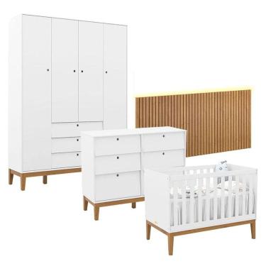 Imagem de Quarto de Bebê Unique 4 Portas com Cômoda 6 Gavetas e Painel Ripado com Led Branco Soft Eco Wood - Matic