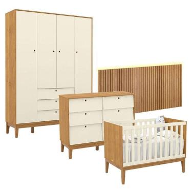Imagem de Quarto de Bebê Unique 4 Portas com Cômoda 6 Gavetas e Painel Ripado com Led Freijó Off White Eco Wood - Matic