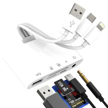 Imagem de USB Lightning USB C HUB (5 em 1), adaptador OTG 3.0, leitor de cartão SD, conversor de fone de ouvido de 3,5 mm, para iPhone 16, 15 e 14, para Apple para iPad, cartão de memória micro SD, tipo C