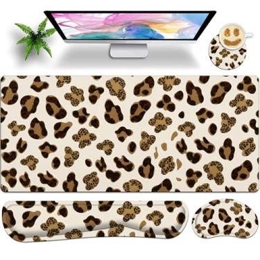 Imagem de Conjunto de 4 mouse pad para jogos Leopard grande para mulheres, 90 x 40 cm com apoio de pulso para teclado, suporte de pulso, porta-copos, tapete de mesa macio de espuma viscoelástica para casa