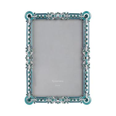 Imagem de Synovana Porta-retrato romântico com joias 10 x 15 cm – Prata com detalhes de cristal azul, moldura ornamentada em estilo vintage para presente de mesa