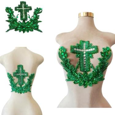 Imagem de Patch bordado feito à mão com contas cruzadas, aplique de strass feito à mão, design criativo, decoração de roupas para vestido de casamento antecessor ou terno masculino nas costas (verde-claro)