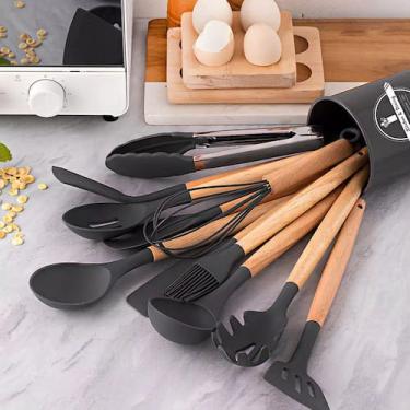 Imagem de Jogo Colheres Conjunto Talheres Bamboo kit utensílios de cozinha compl