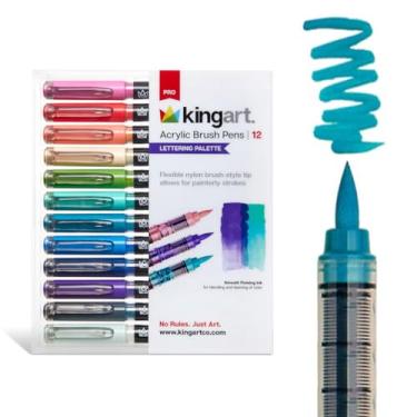 Imagem de KINGART Canetas de acrílico com ponta de pincel flexível, 12 cores de letras, tinta à base de água, marcadores de arte profissionais para caligrafia, letras, ilustrações (448-12F)