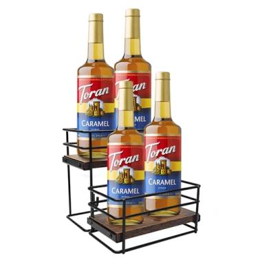 Imagem de RAUMRIGGE Organizador de 4 garrafas de xarope de café, suporte de xarope de 2 camadas, suporte para café, prateleiras de armazenamento de xarope para bar, armazenamento familiar, pequeno rack de vinho