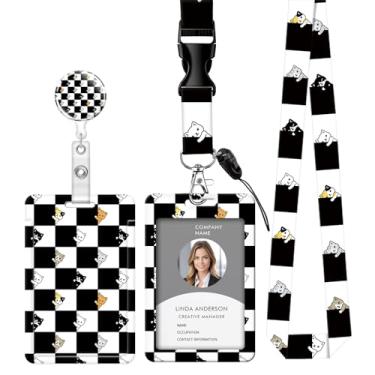 Imagem de Cordão retrátil para crachá de identificação com clipe e chaveiro, ajustável, bonito carretel durável, perfeito para mulheres enfermeiras, professoras, trabalhadoras de escritório (gato xadrez preto e