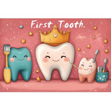 Imagem de YongFoto My First Tooth Backdrop 1,5 x 0,9 m, desenho fofo, coroa de dentes, escova de dentes, fundo fotográfico 1º aniversário, faixa de festa de bebê, decoração de mesa de bolo, batizado, sessão de