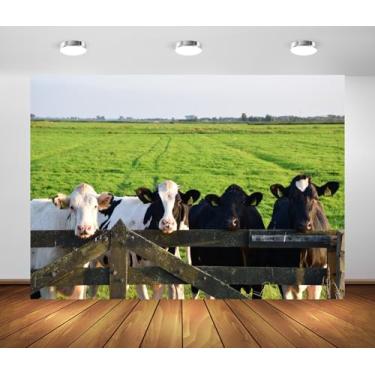 Imagem de Loccor Tecido de 2,1 x 1,5 m pano de fundo de vaca de prado para fazenda rural cerca de madeira com fundo de pastagem para tema de fazenda, decorações de festa de aniversário, adereços de estúdio