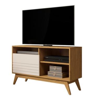 Imagem de Rack Moderno 1.08m TV 42 Polegadas Nichos Decorativos Pés Retrô Bancada Sala Quarto Pequeno – Fênix Wood – Cumaru/Off White - RPM