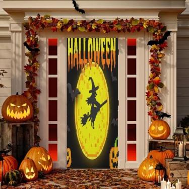 Imagem de Wassud Decoração divertida de cobertura de porta de Halloween faixa interna externa decoração de casa de varanda grande decoração de porta da frente 89 x 199 centímetros