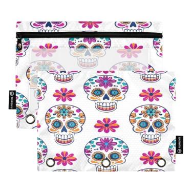 Imagem de Wassud Bolsa de lápis fofa com caveiras de açúcar para fichário de 3 anéis, bolsa transparente com zíper liso, estojo de lápis padrão, pacote com 2