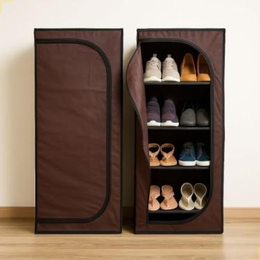Imagem de Sapateira Organizadora Multiuso com 4 Prateleiras e Zíper Impermeável Armário Leve para Sapatos Roupas Brinquedos(Marrom)