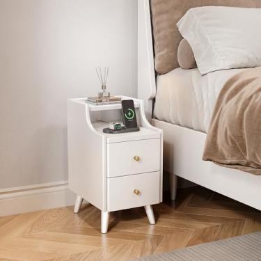 Imagem de Mesa de cabeceira estreita de madeira maciça de nogueira, mesinha de cabeceira estreita para pequenos espaços, sala de estar, mesas de cabeceira finas e modernas de meados do século com gavetas