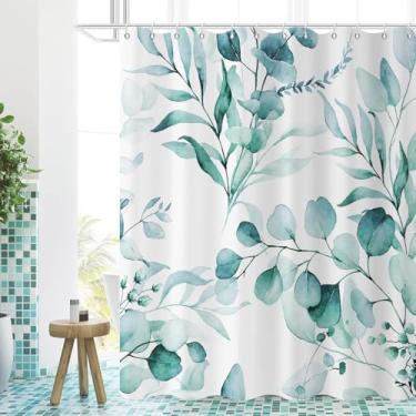 Imagem de GCIREC Cortina de chuveiro azul-petróleo, folhas de eucalipto aquarela, plantas botânicas com cortina de banheiro floral, decoração de casa de banho, tecido impermeável, lavável na máquina com 12