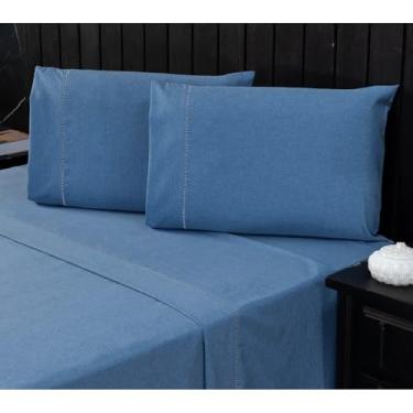 Imagem de Jogo de Lençol Casal Percal 400 Fios 4 Peças – Lençol com Elástico, Antiácaro, Anti-Pilling, Ponto Palito(Linho Azul)