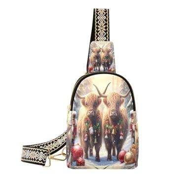 Imagem de CEBUGI Highland Cow pequena bolsa tiracolo feminina de couro, pochete tiracolo para trilhas, viagens ao ar livre