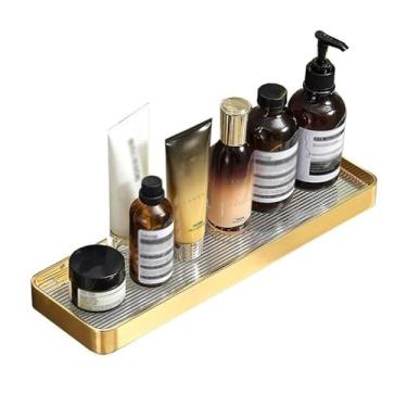 Imagem de KHUTRW3D Suporte de chuveiro dourado escovado, prateleiras de banheiro de alumínio montadas na parede, sem perfuração, prateleiras decorativas flutuantes para banheiro, cozinha, sala de estar e