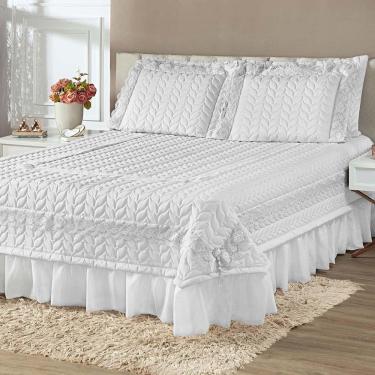 Imagem de Kit Cobre Leito Colcha Romance Queen 5 Peças Micropercal 200 Fios Matelado Costurado Renda - Branco
