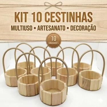 Imagem de Kit 10 Cestinha Mini Madeira Pinus 11cm Redonda Decorativa Lembrancinh