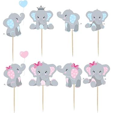 Imagem de 48 peças de topos de cupcake de elefante azul e rosa topo de bolo de elefante de dupla face decorações de cupcake para tema animal suprimentos de festa de aniversário