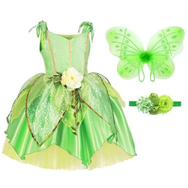 Imagem de TYHTYM Tinkerbell Fairy Costumes Girls Green Fancy Dress Up Baby Kids Halloween With Butterfly Wings Headband (6-7T, Fairy)