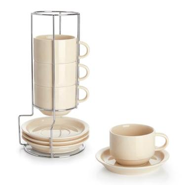 Imagem de Sweese Xícaras de cappuccino empilháveis de porcelana de 227 ml com pires e suporte de metal - para bebidas especiais de café, cappuccino, latte, americano e chá - Conjunto de 4, bege
