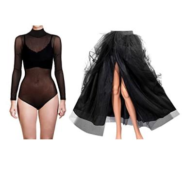 Imagem de Conjunto de fantasia de Halloween para mulheres, manga comprida, body de malha transparente e saia maxi de tule de cintura alta, Preto, M