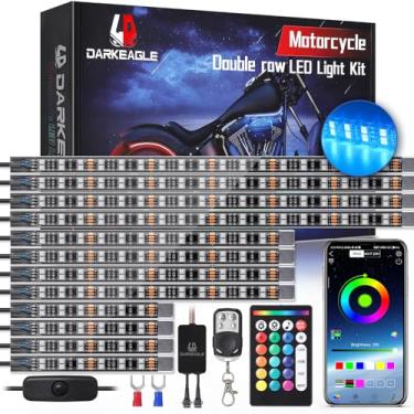 Imagem de Kits de luz LED RGB para motocicletas de duas fileiras de 8 peças com controle remoto APP/RF, faixa de luzes de motocicleta de zona dupla com seta de freio, luzes de brilho multicoloridas à prova