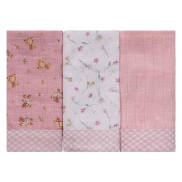 Imagem de Pano Paninho de Boca Bebê 34cmx40cm 100% Algodão Baby Joy C/ 3 unidades (Ursa Rosa)