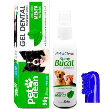 Imagem de Kit Gel Dental 90g + Spray Bucal 120ml + Escova Dedeira Cachorro e Gato Pet Clean Menta