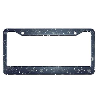 Imagem de HOSNYE Moldura de placa de carro Space Galaxy Black Blue Sky Zodiac Star Galaxy Cosmos Design Capa de placa de licença de metal Placas frontais Molduras de etiqueta de carro para mulheres homens Veículos padrão