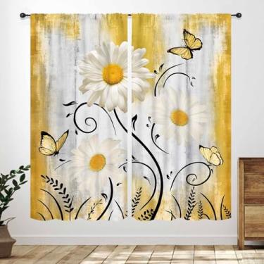 Imagem de Cortinas rústicas de cozinha margarida, borboleta floral amarela, madeira, natureza, fazenda, campo, retrô, sala de estar, quarto, cortinas de janela, tratamento 53 cm L x 114 cm C, conjunto de 2