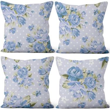 Imagem de Vie Savaran Conjunto de 4 capas de almofada de flores azul-celeste, 50,8 cm x 50,8 cm, fronhas de sofá florais retrô para cadeira, sofá, cama, sala de estar, escritório, carro, jardim, pátio, fazenda