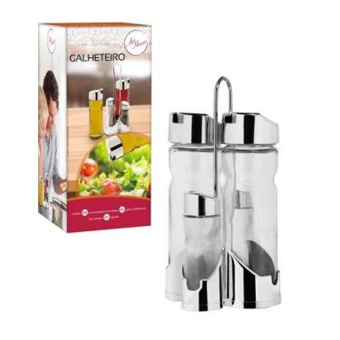 Imagem de Galheteiro 5 peças com suporte cromado azeite sal vinagre kit em vidro