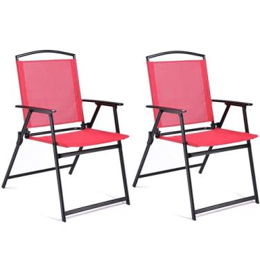 Imagem de Bylring Conjunto de 2 cadeiras de jantar dobráveis para ambientes externos, com apoio de braço, preto, dobrável, portátil, para gramado, jardim, varanda, sala de estar, móveis (vermelho)