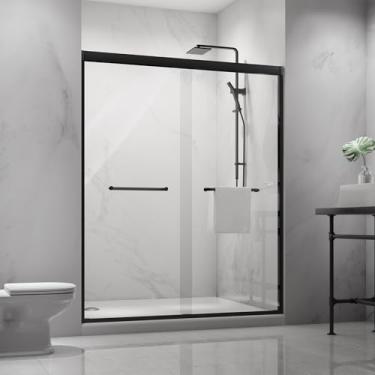 Imagem de Porta de chuveiro deslizante dupla com moldura de alumínio de níquel escovado com vidro temperado à prova de explosão de 6 mm (preto, 60 x 72)