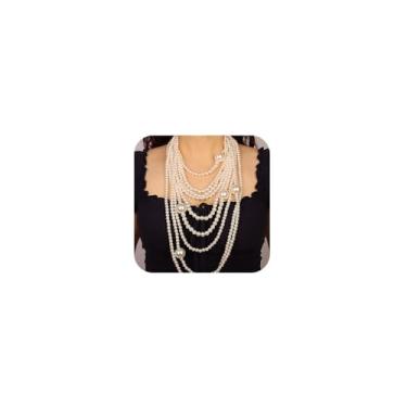 Imagem de Missgrace Conjunto feminino vintage boho preto marrom longo grande multicamadas anos 20 gargantilha de pérolas falsas conjunto de brincos de noiva colar de pérolas falsas brinco para baile de