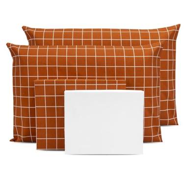 Imagem de Jogo de Lençol Queen 4 peças Estampado c/Ponto Palito Percal 180 fios - 40 CM DE ALTURA (GEOMÉTRICO TERRACOTA - BRANCO)
