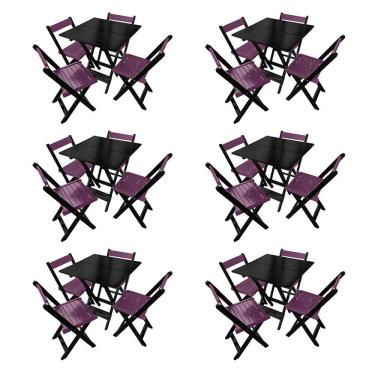 Imagem de Kit 6 Mesas de Madeira Dobrável Preto 70x70 com 4 Cadeiras Dobráveis Roxo