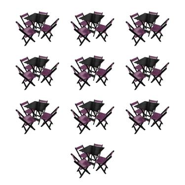 Imagem de Kit 10 Mesas de Madeira Dobrável Preto 70x70 com 4 Cadeiras Dobráveis Roxo