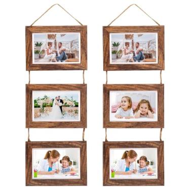 Imagem de 2 porta-retratos para pendurar na parede, moldura para exibição de fotos 10 x 15 cm com 3 molduras de abertura, molduras de madeira, decoração de parede para casa, escritório, sala de estar