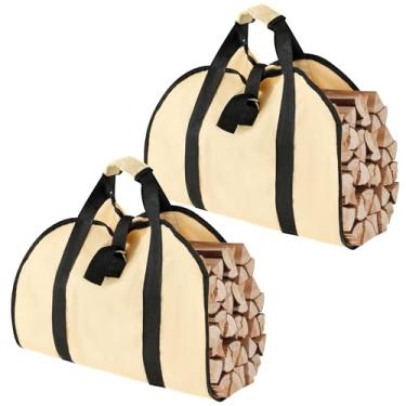 Imagem de 2 peças de transporte de lenha com alças, bolsa de lenha de tecido Oxford resistente, bolsa de transporte de madeira durável, adequada para lareira interna e acampamento ao ar livre (amarelo)