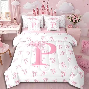 Imagem de Erosebridal Jogo de cama casal com laço de letra P, princesa, rosa, branco, 7 peças, com laço e laço em aquarela, para mulheres, adolescentes, lençol com elástico e lençol de cima